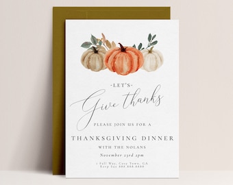Invitación para la cena de Acción de Gracias - Invitación de Acción de Gracias - Invitación de calabaza, Invitación para fiesta de Acción de Gracias, Otoño, Descarga instantánea editable
