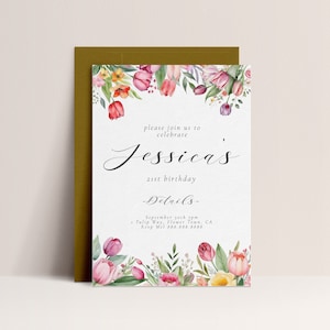 Invitation de fête d'anniversaire tulipe, invitation florale d'anniversaire, anniversaire de jardin, aquarelle de fleurs, anniversaire de printemps, été, téléchargement modifiable