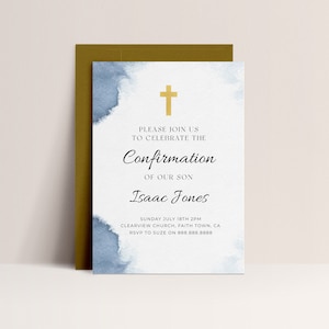 Convite de confirmação - convite de confirmação em aquarela azul, convite de confirmação editável, confirmação para meninos, download instantâneo
