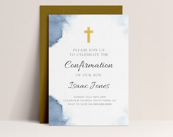Confirmation Invitation - Blue Watercolor Confirmation Invitation, Editable Confirmation Invite, Confirmation For Boys, Instant Download