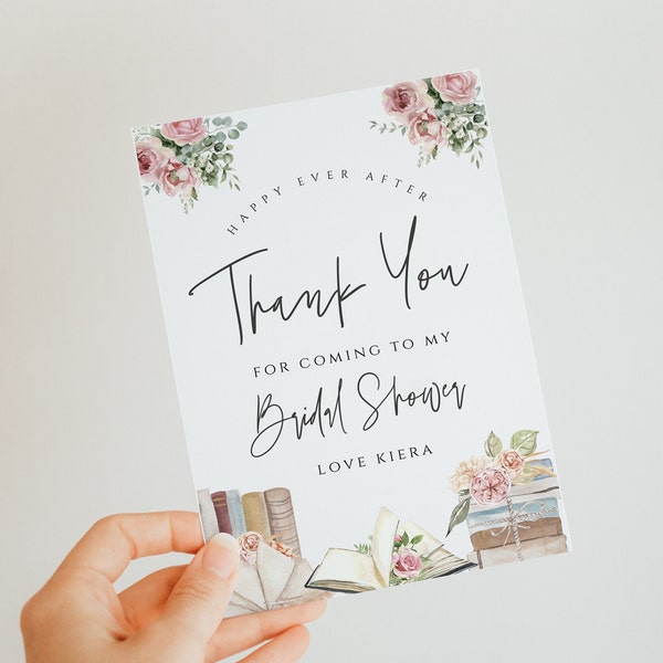 Book Thank You Card-Book Theme Bridal Shower Thank You, Book Shower Theme, Library Bridal Shower, Storybook theme, Editable Instant Download