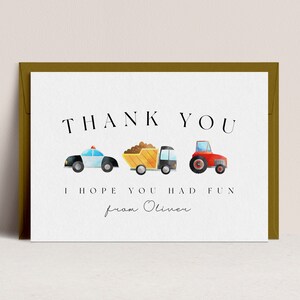Transportation Birthday - Thank You Card, Car Birthday, Vehicle Birthday, Transport Birthday Party, Truck Birthday Editable Instant Download
