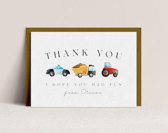 Transportation Birthday - Thank You Card, Car Birthday, Vehicle Birthday, Transport Birthday Party, Truck Birthday Editable Instant Download