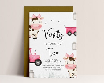 Cow Birthday Invitation - Cow Birthday Party Invitation, Cow Theme Birthday Party, Cow Invitations For A Girl, Cow Party, Instant Download