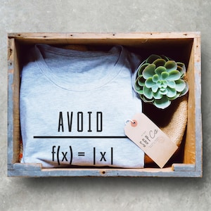 May include: A gray t-shirt with the text "AVOID f(x) = |x|" printed on it. The t-shirt is in a wooden crate with a small succulent plant and a brown tag with the text "SGP Co."
