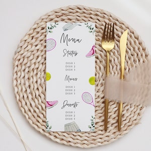 Tennis-Menükarten-Vorlage - Tennis-Brautparty, Tennis-Party-Dekor, Tennis-Hochzeitsmenüvorlage, Tennis Bachelorette, bearbeitbarer Download