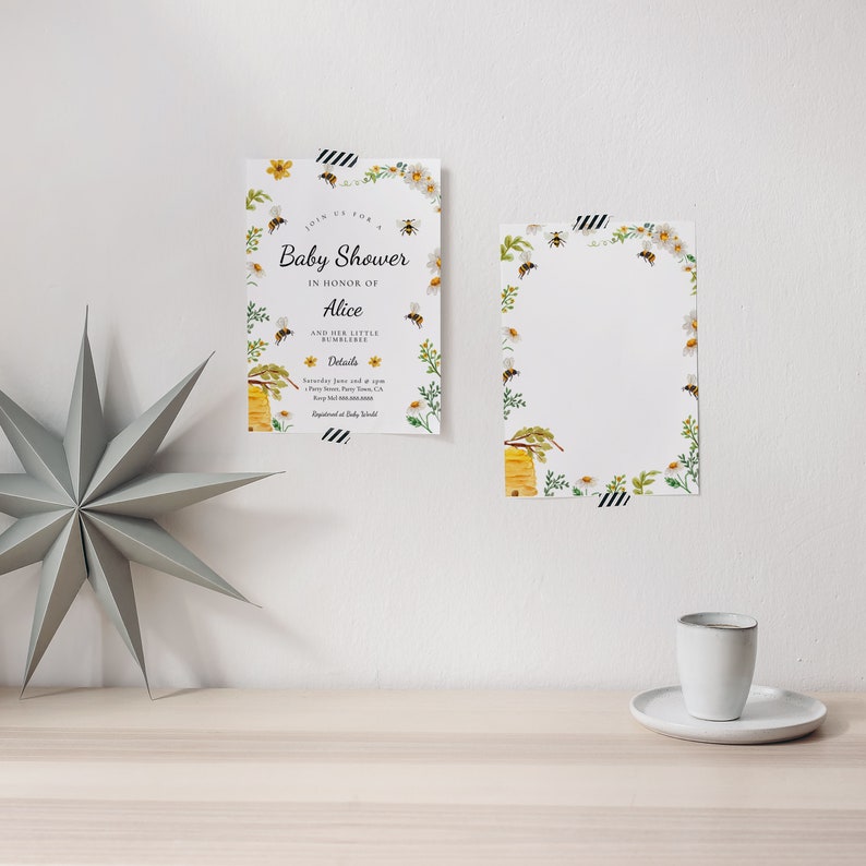 May include: A white baby shower invitation with a bee and honeycomb design. The invitation says "Join us for a Baby Shower in honor of Alice and her little bumblebees".