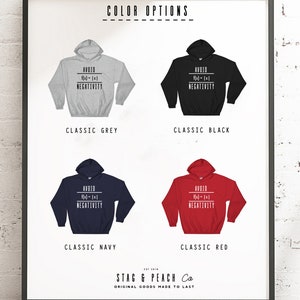 Puede incluir: Cuatro sudaderas con capucha en diferentes colores: gris, negro, azul marino y rojo. Cada sudadera tiene el texto "AVOID f(x)=-|x| NEGATIVITY" impreso en blanco.