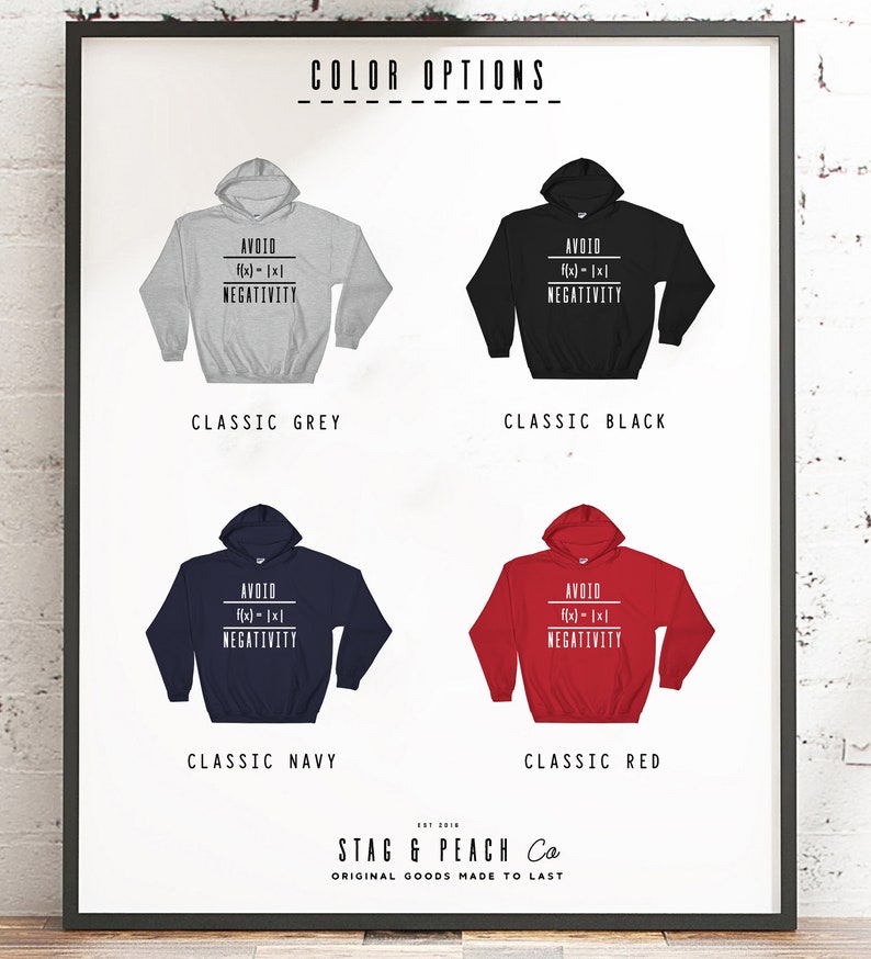 Puede incluir: Cuatro sudaderas con capucha en diferentes colores: gris, negro, azul marino y rojo. Cada sudadera tiene el texto "AVOID f(x)=-|x| NEGATIVITY" impreso en blanco.