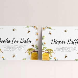 Bienen-Babypartybuch & Windel-Verlosungskarte - Hummel-Babyparty-Einladungseinsätze, Honig-Themen-Babypartyeinladung, Mädchen bearbeitbarer Download