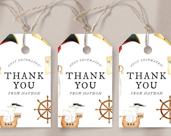 May include: Three white gift tags with a pirate theme. Each tag features a ship, a ship's wheel, and the text "THANK YOU FROM HAYDON". The tags also have the phrase "AHOT SHIPMATES!" and a pirate hat illustration.