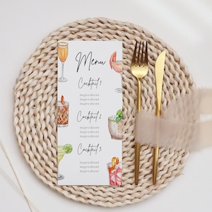 Schede menu cocktail addio al nubilato - Decorazioni per cocktail di addio al nubilato, menu cocktail, bevande per addio al nubilato, download modificabile per compleanno cocktail
