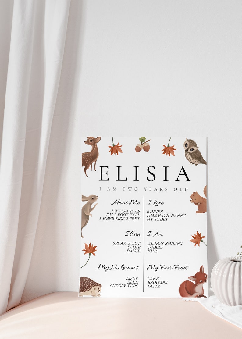 Editable Woodland Animal Milestones Woodland Animal Birthday Party Sign, Fox/Bunny Birthday Sign, Forest Animal Birthday, Instant Download image 2