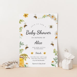 May include: A baby shower invitation with a bee and flower theme. The invitation is white with yellow and green floral accents. The text reads "Join us for a Baby Shower in honor of Alice and her little bumblebee. Details: Saturday June 2nd at 2pm 1 Party Street, Party Town, CA Rsvp Mel 888.888.8888 Registered at Baby World"