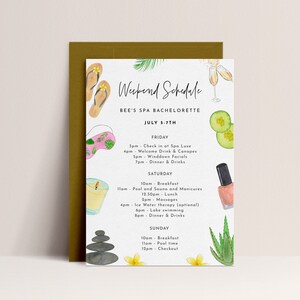 May include: A watercolour illustration of a weekend schedule for a spa hen party. The schedule includes activities such as facials, massages, pool time, and dinner. The illustration features a variety of spa-related items, such as a face mask, nail polish, and a candle.