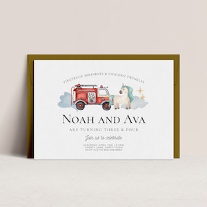 Uitnodiging voor feest van Unicorn en brandweerwagen - gezamenlijke verjaardagsuitnodiging, uitnodiging voor verjaardagsfeestje van broer of zus, brandweerwagen uitnodigen, bewerkbare download