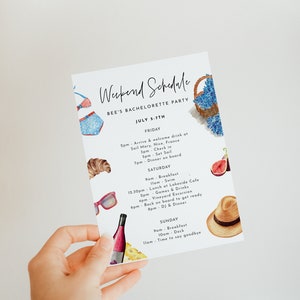 May include: A watercolor illustration of a weekend schedule for a bachelorette party. The schedule includes activities like sailing, swimming, and dining. The illustration features a variety of nautical and summer-themed imagery, including a sailboat, a swimsuit, a glass of wine, a croissant, and a straw hat.