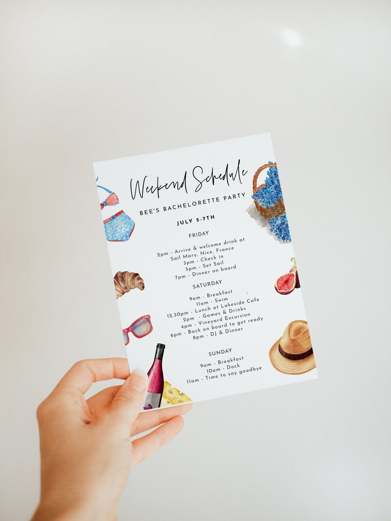 May include: A watercolor illustration of a weekend schedule for a bachelorette party. The schedule includes activities like sailing, swimming, and dining. The illustration features a variety of nautical and summer-themed imagery, including a sailboat, a swimsuit, a glass of wine, a croissant, and a straw hat.