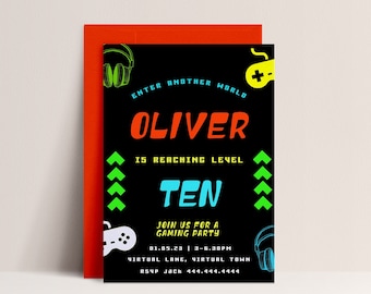 Gaming Birthday Invitations Boys -Editable Gamer Birthday Invitation, Gaming Birthday Party Invite, Neon Video Game Invite, Instant Download
