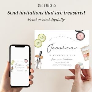May include: A digital invitation for a birthday party with a watercolor illustration of makeup and cucumbers. The invitation says "Let's Party & Pamper Jessica is turning eight. Join us to celebrate. Saturday May 6th 4-7pm 4 Party Road, Party Town, CA. RSVP to Liv 888.888.8888 by April 1st."