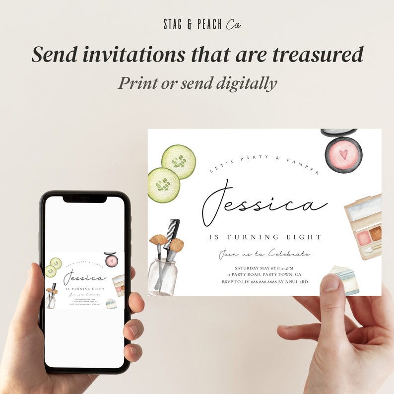 May include: A digital invitation for a birthday party with a watercolor illustration of makeup and cucumbers. The invitation says "Let's Party & Pamper Jessica is turning eight. Join us to celebrate. Saturday May 6th 4-7pm 4 Party Road, Party Town, CA. RSVP to Liv 888.888.8888 by April 1st."