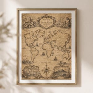 Peut inclure: Une carte du monde encadrée de style ancien intitulée A New Map of the Whole World, datée de 1747. L'impression sépia présente des contours continentaux détaillés, des illustrations nautiques de navires, des créatures marines et une rose des vents.