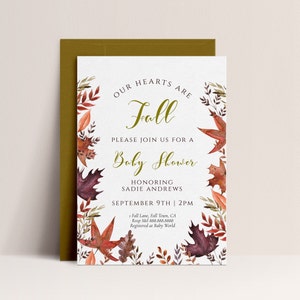 Fall Baby Shower Invitation Leaves Baby Shower Invitation, Autumn Baby Shower Invite, Foliage, Red & Gold, Rustic theme, Editable Download image 1