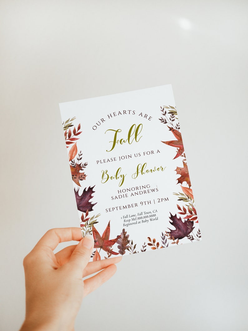 Fall Baby Shower Invitation Leaves Baby Shower Invitation, Autumn Baby Shower Invite, Foliage, Red & Gold, Rustic theme, Editable Download image 3