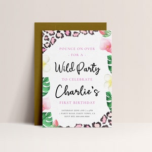 Wild Birthday Invitation Pink Leopard Print Invitation, Leopard Birthday Invitation, Safari Birthday Invitation, Leopard Instant Download image 1