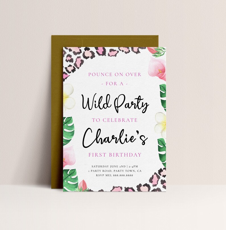 Wild Birthday Invitation Pink Leopard Print Invitation, Leopard Birthday Invitation, Safari Birthday Invitation, Leopard Instant Download image 1