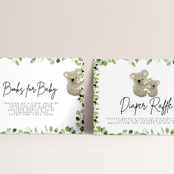 Koala Theme Baby Shower Baby Shower Book & Diaper Raffle Card -Eucalyptus Baby Shower Decor, Koala Invite Inserts, Editable Instant Download