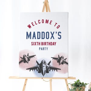 Airplane Birthday Welcome Sign - Fighter Pilot Birthday Banner, Fighter Plane Decorations, Airplane Table Signs, Editable Instant Download