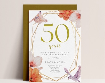 50th Wedding Anniversary Invitation Template - Anniversary Party Invitation, Floral Invite, Golden, Vow Renewal Editable Printable Download