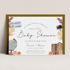 Reizen baby shower uitnodiging - reizen avontuur baby shower uitnodiging, reizen thema baby shower uitnodiging, koffers Globe Instant Download