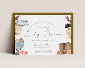 May include: A baby shower invitation with a travel theme. The invitation features a globe, a suitcase, a camera, and an airplane ticket. The text on the invitation reads "It's going to be an adventure. Join us for a Baby Shower in honor of Mom-to-be Sarah Adams. Hosted by Sandra Adams. Saturday August 8th 2-4pm. 3 Cherry Lane, Foxglove Town, SD. RSVP to Sandra 888.888.8888."