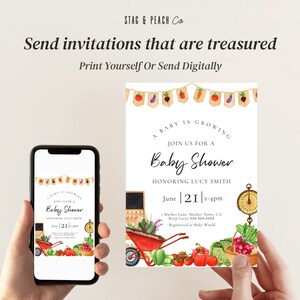 May include: A white baby shower invitation with a watercolor illustration of a red wagon filled with vegetables. The invitation says "A baby is growing. Join us for a baby shower honoring Lucy Smith. June 21, 2-4pm. Market Lane, Market Town, CA. Rsvp Lucy 888.888.8888. Registered at Baby World."