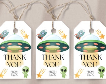 Etiquetas de regalo de extraterrestres: agradecimiento de cumpleaños de extraterrestres, regalos espaciales, fiesta de cumpleaños de ovnis, plantilla de extraterrestre, cohetes, estrellas, descarga instantánea editable