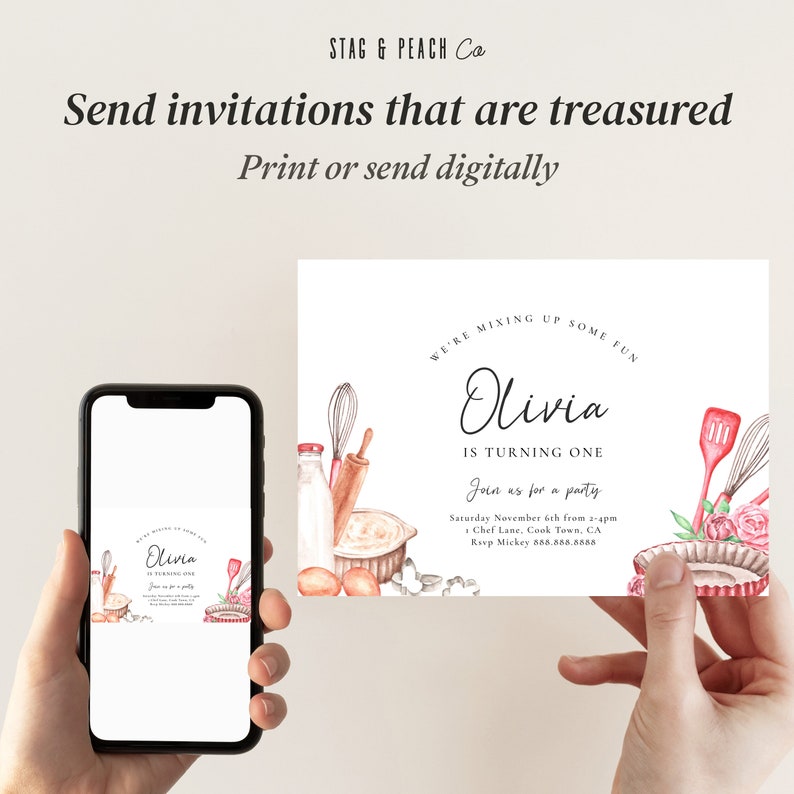 Pu&ograve; includere: Un invito digitale per una festa di primo compleanno a tema pasticceria. L'invito presenta un'illustrazione ad acquerello di utensili da forno, tra cui un mattarello, una frusta, ciotole per mescolare e una torta. Il testo sull'invito recita: "We're mixing up some fun. Olivia is turning one. Join us for a party. Saturday November 6th from 2-4pm. Chef Lane, Cook Town, CA. Rsvp Mickey 885.555.5555."