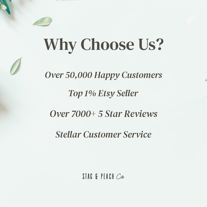 May include: Text graphic on a light blue background with green foliage on the sides. The text reads "Why Choose Us?" followed by four bullet points: "Over 50,000 Happy Customers", "Top 1% Etsy Seller", "Over 7000+ 5 Star Reviews", and "Stellar Customer Service". The text "STAG & PEACH Ca" is at the bottom of the graphic.