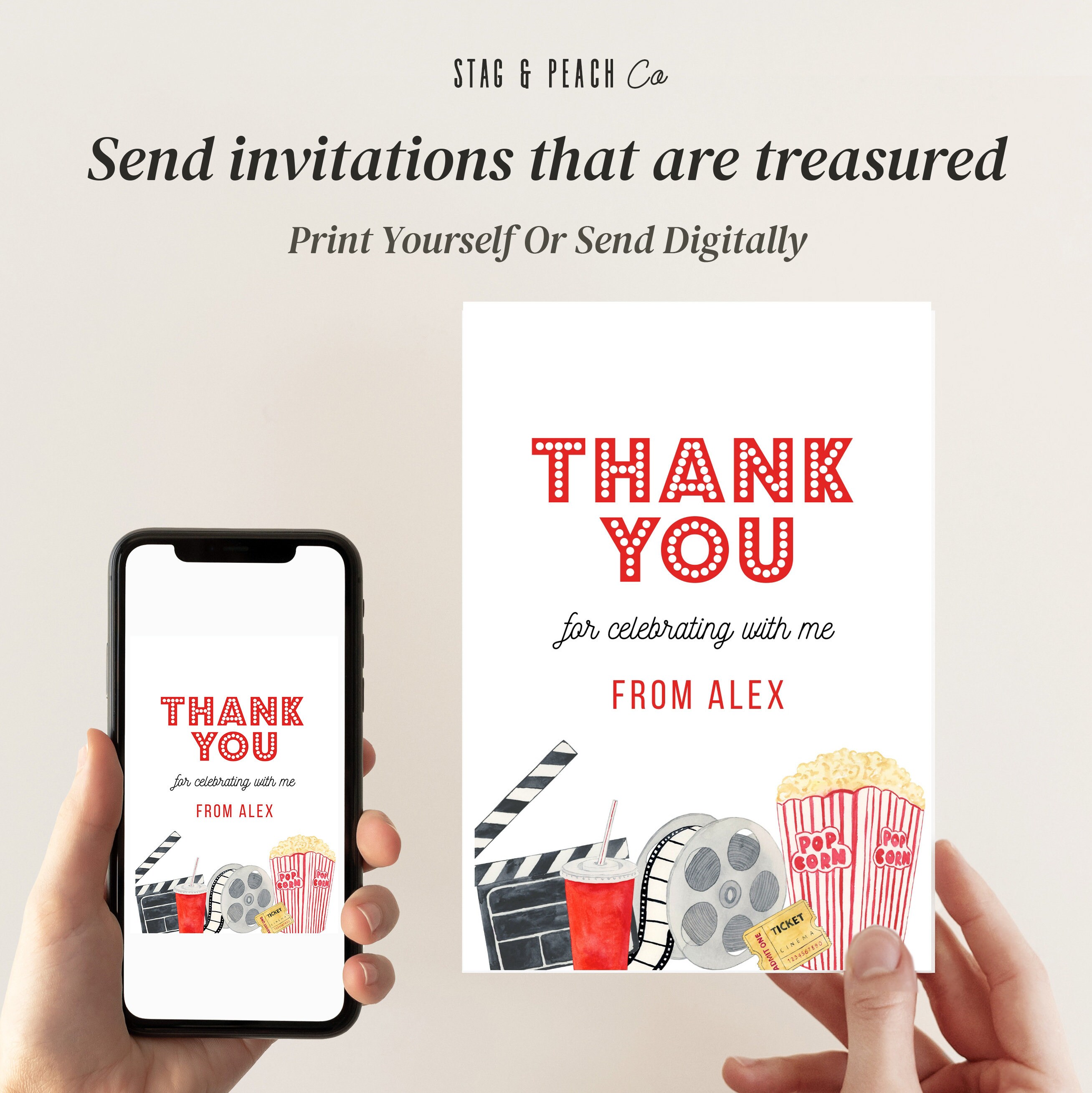 Movie Birthday Thank You Card - Movie Thank You, Cinema Birthday
