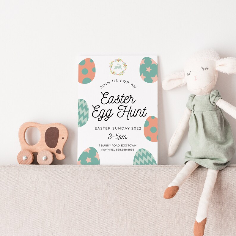 May include: An invitation to an Easter egg hunt with a pastel green and pink color scheme. The invitation features a bunny rabbit, eggs, and the text "Join us for an Easter Egg Hunt, Easter Sunday 2022, 3-5pm, 1 Bunny Road, Egg Town, RSVP Mel 888.888.8888".