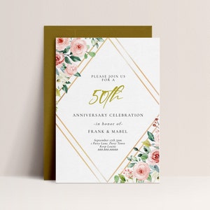 50th Wedding Anniversary Invitation Template-Anniversary Party Invitation, Greenery, Floral, Golden, Vow Renewal Editable Printable Download
