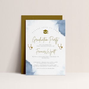 Nurse Graduation Invitation Template - Blue Watercolor Invite, Printable RN Graduation Invite, Nursing Graduation Evite, Instant Download