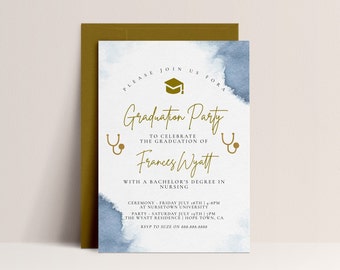 Nurse Graduation Invitation Template - Blue Watercolor Invite, Printable RN Graduation Invite, Nursing Graduation Evite, Instant Download