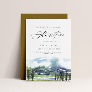 Mountain Birthday Party Invitation -Camping Birthday Invite, Pine Trees, Adventure Birthday Invite, Lake Birthday, Editable Instant Download