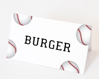 Könnte beinhalten: Weiße Platzkarte mit dem Wort "BURGER" in Schwarz gedruckt. Die Karte ist mit vier Baseballs verziert, die jeweils rote Nähte haben.