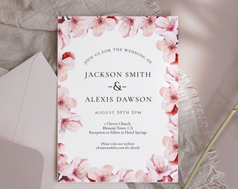 Blossom Wedding Invitation Template - Cherry Wedding Invitation, Spring Theme Wedding Invitation, Pink Wedding, Editable Instant Download