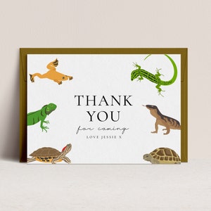 Reptielen feestartikelen - Reptiel Bedankkaart, Reptiel Verjaardagsfeestje Decor, Lizard Party Bedankt, Kikker Schildpad Bewerkbare Instant Download