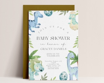 May include: A baby shower invitation with a dinosaur theme. The invitation features a blue and green watercolor illustration of dinosaurs and eggs. The text on the invitation reads "Join us for a baby shower in honor of Gracey Daniels. Saturday August 7th 2-6pm Sunshine Rd. Happy Town, CA Rsvp Rachael 888.888.8888"
