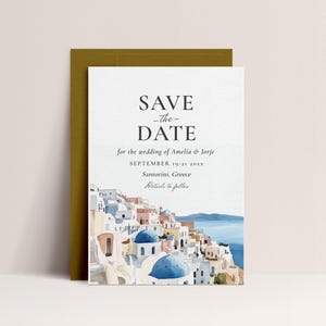 Santorini Save the Date Template - Grecia Matrimonio Save the Date Invite, Tema Mediterraneo, Invito di destinazione, Download digitale modificabile